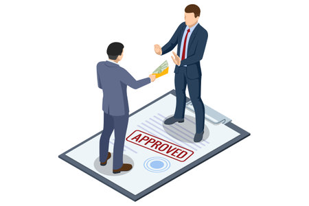 Isometric scene of a businessman tries to offer a bribe to an official standing on a large approved document, symbolizing corruption. Bribe attempt for approval. AML Anti money laundering financial.のイラスト素材