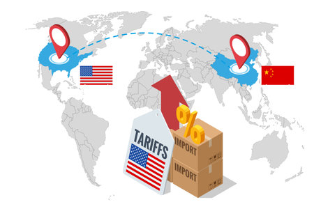 Isometric showing rising US import tariffs, affecting global logistics with plane, cargo ship, truck, and map route symbolising Import tariffs, trade war and economic conflictのイラスト素材