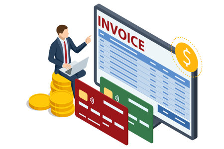 Isometric Mobile invoice payment concept. Isometric vector illustration of electronic bill, smartphone, currency icons, and notification envelope for digital finance and banking.のイラスト素材
