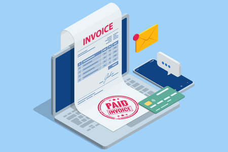 Isometric Mobile invoice payment concept. Isometric vector illustration of electronic bill, smartphone, currency icons, and notification envelope for digital finance and banking.のイラスト素材