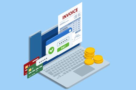 Isometric Mobile invoice payment concept. Isometric vector illustration of electronic bill, smartphone, currency icons, and notification envelope for digital finance and banking.のイラスト素材