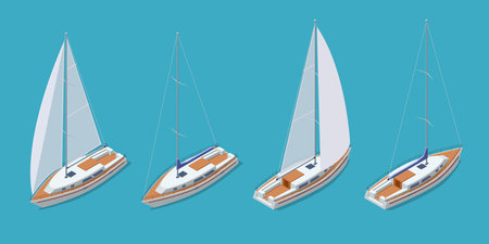 Isometric sailing yacht moving on blue water. Sailboat has a large white sail, a wooden deck, and is leaving a wake behind as it sails. Concept of travel, luxury, marine transport, or summer vacation.のイラスト素材