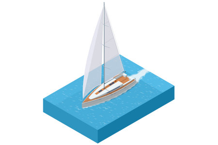 Isometric sailing yacht moving on blue water. Sailboat has a large white sail, a wooden deck, and is leaving a wake behind as it sails. Concept of travel, luxury, marine transport, or summer vacation.のイラスト素材