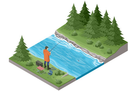 Isometric man is fishing by the riverbank. The fisherman with a rod in hand, surrounded by fishing gear like a tackle box, cooler, and net. Relaxation, hobby, and nature activities.のイラスト素材