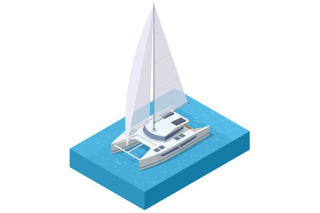 A large, modern Isometric catamaran yacht with raised sails glides gracefully on a calm blue body of water, ready for a luxurious voyageのイラスト素材