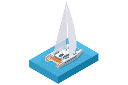 A large, modern Isometric catamaran yacht with raised sails glides gracefully on a calm blue body of water, ready for a luxurious voyageのイラスト素材