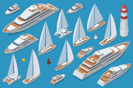 An extensive Isometric collection of diverse luxury yachts, sailboats, and motorboats, alongside nautical elements like buoys and a lighthouse, all on a blue backgroundのイラスト素材
