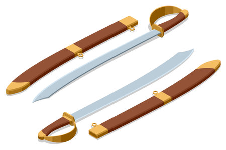 Cutlass Swords. An Isometric set of two sharp cutlass swords with sheaths, classic pirate weapons ready for action or display, ideal for historical or adventure themes. Buccaneer, Corsair, Filibusterのイラスト素材