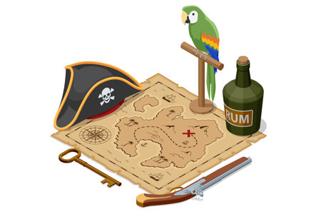 An Isometric illustration of pirate essentials a treasure map with an X, a pirate hat, an old pistol, a vintage key, a bottle of rum, and a green parrot on a perch. Pirate, Sea robber, Marauderのイラスト素材