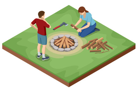 Preparing Campfire. An Isometric illustration of two people preparing a campfire, gathering firewood and arranging logs, with an axe nearby, in a natural setting.のイラスト素材