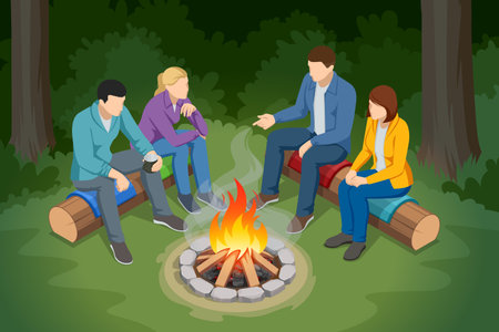 Friends Around Campfire. An Isometric illustration of four friends sitting on logs around a warm campfire in a forest, enjoying conversation and the peaceful outdoor atmosphereのイラスト素材