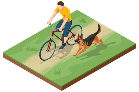 An isometric illustration of a person cycling on a dirt path with a German Shepherd dog running alongside, symbolizing outdoor activity and pet companionship.のイラスト素材