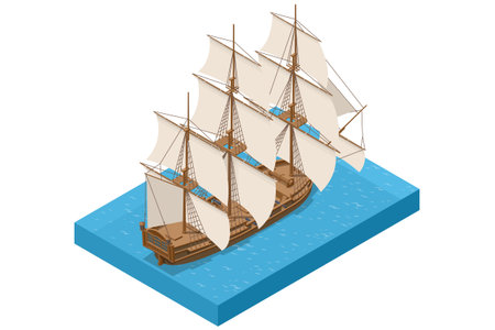 An isometric illustration of a large, majestic wooden sailboat with multiple full white sails, majestically gliding on blue water, symbolizing nautical adventure and historical voyages.のイラスト素材