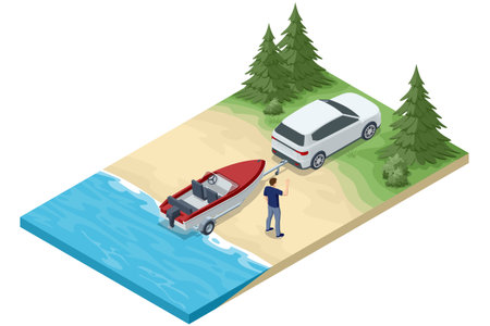 An isometric illustration of a man preparing to launch a red and white motorboat from a trailer into the water by a sandy beach, with trees in the background.のイラスト素材