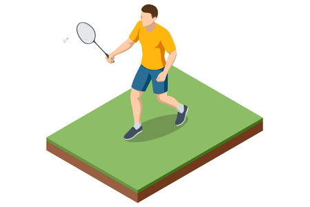 An isometric illustration of a person playing badminton with a racket, jumping to hit a shuttlecock, showcasing dynamic athletic movement and sports actionのイラスト素材