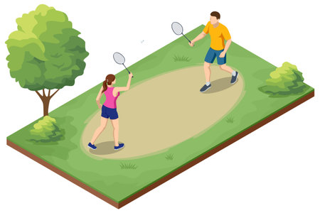 An isometric illustration of a man and a woman playing badminton as a mixed doubles team, depicting teamwork, competition, and outdoor recreation.のイラスト素材