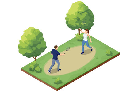 An isometric illustration depicting two people playing badminton on a court with a net, symbolizing outdoor sports, leisure, and recreation.のイラスト素材