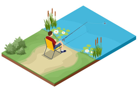 Isometric illustration of a man fishing on the shore. Relaxing outdoor activity with fishing rod, bucket, and peaceful water landscape. Summer leisure concept.のイラスト素材