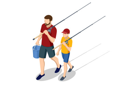 Isometric illustration of father and son going fishing. Man and boy walking with fishing rods and bucket. Family outdoor recreation and bonding activityのイラスト素材
