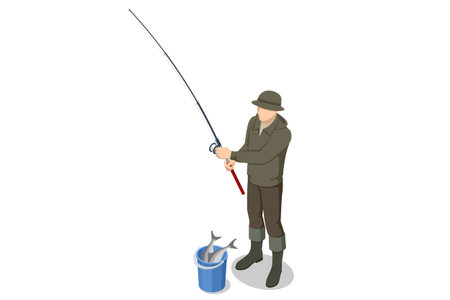 Isometric illustration of a fisherman holding a fishing rod with a bucket of caught fish, wearing outdoor clothes and boots. Summer leisure concept.のイラスト素材