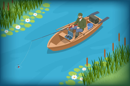 Isometric fisherman in a boat fishing on the lake, surrounded by reeds and water lilies. Summer...