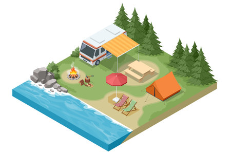 Isometric riverside campsite with camper van, tent, campfire, chairs, and umbrella. Summer vacation and travel conceptのイラスト素材