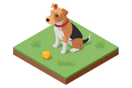Isometric illustration of a sitting dog with a ball on the grass. Domestic pet training, obedience, loyalty and playful lifestyle concept.のイラスト素材