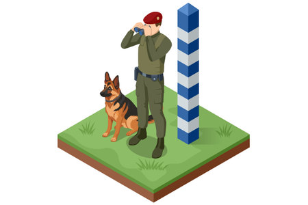 Isometric border guard with binoculars and dog on patrol near frontier post. Concept of security, surveillance, and protection against illegal crossingのイラスト素材