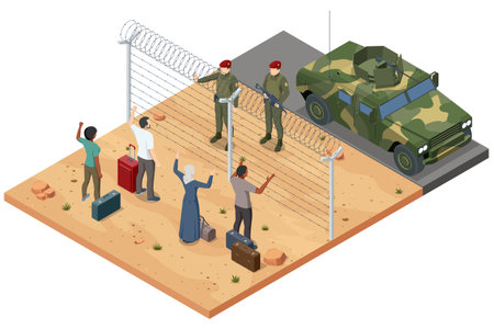 Isometric illustration of refugees with luggage stopped by soldiers and military vehicle at border fence. Concept of migration crisis, asylum seekers, and strict frontier controlのイラスト素材