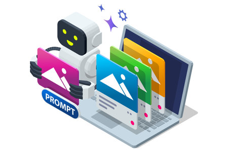 Isometric illustration of AI art generator creating digital images from prompt text. Artificial intelligence in creativity and graphic design.のイラスト素材