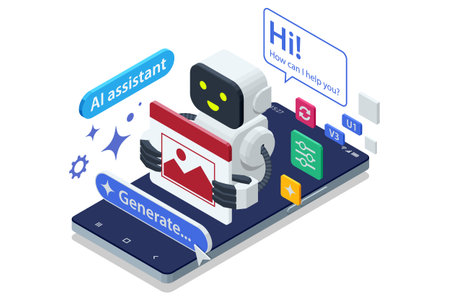 An isometric illustration of a woman using a laptop to create an artistic design with an AI assistant providing real-time feedback and generative art ideas.のイラスト素材