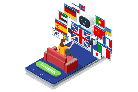 Isometric robot translator helping woman choose language between flags on smartphone screen. Artificial intelligence, multilingual communication and online translation technology concept.のイラスト素材