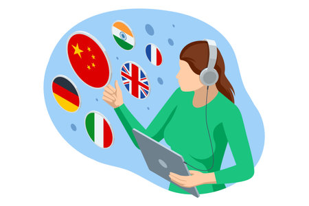 Isometric illustration of woman with headphones learning foreign languages online using AI assistant. Global education and digital communication concept.のイラスト素材