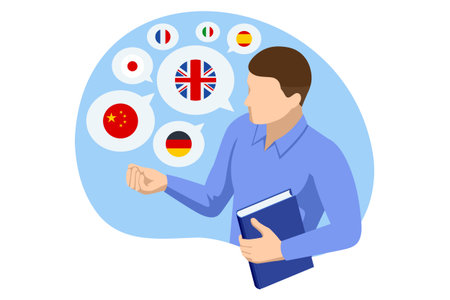 Isometric illustration of man choosing foreign languages with flags. Concept of communication, education and global language learning.のイラスト素材