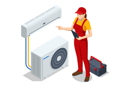Isometric female technician inspecting split air conditioner system with tablet. Concept of diagnostics, Maintenance, HVAC service, and cooling system repair.のイラスト素材