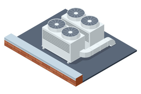Isometric industrial rooftop air conditioning system with ventilation fans. Concept of HVAC technology, energy, and climate control.のイラスト素材