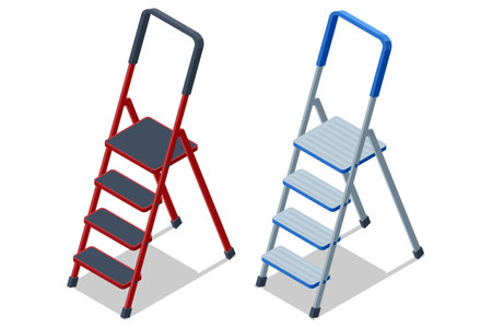 Isometric metal step ladders in red and blue colors. Concept of home repair, maintenance, construction, and DIY equipment.のイラスト素材