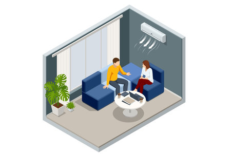 Isometric room with two people talking under air conditioner. Concept of communication, business meeting, and indoor climate control.のイラスト素材