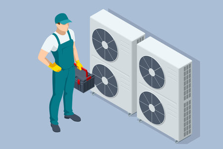 Isometric industrial air conditioning system with ventilation fans. Concept of HVAC technology, energy, and climate control. Technician with HVAC systemのイラスト素材