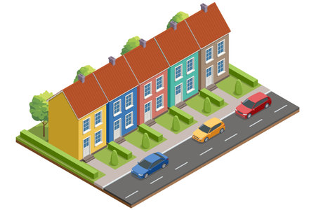 Isometric street view with colorful row townhouses and parked cars. Modern urban neighborhood concept of residential real estate and suburban living.のイラスト素材