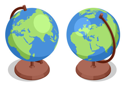 An isometric illustration of a classic desk globe on a stand, representing global communication, education, travel, geography, and world map conceptsのイラスト素材
