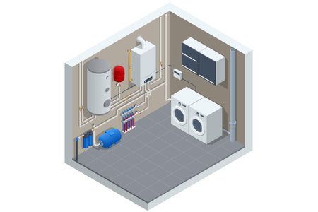 Boiler Room. Isometric illustration of a modern boiler room with heating system, water tank, pipes, and washing machines. Concept of home utilities and energy efficiencyのイラスト素材
