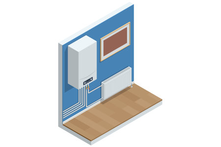 Wall Boiler, Isometric illustration of a wall-mounted gas boiler connected to radiator in modern interior. Concept of home heating and energy efficiency.のイラスト素材