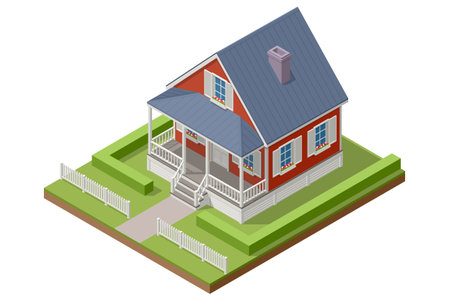 Isometric illustration of a red wooden cottage with white fence, green lawn, and front porch. Cozy countryside house exterior with garden landscape and classic architecture.のイラスト素材