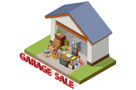 Isometric illustration of a garage sale inside a house garage with furniture, clothes, electronics, and decorative items. Concept of home clearance and resale.のイラスト素材