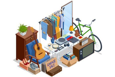 Isometric illustration of various garage sale items clothes, bike, guitar, books, furniture, and electronics. Concept of secondhand goods and reuse.のイラスト素材