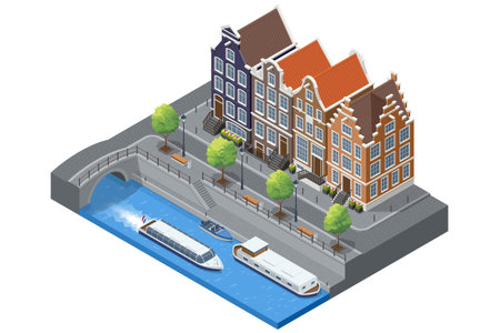 Isometric illustration of an old European Amsterdam canal street with historic narrow houses, boats, bridge, trees and promenade in a classic Dutch cityscapeのイラスト素材