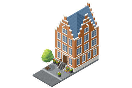 Isometric old Amsterdam townhouse with stepped gable, blue roof, flowers, bike and tree in a European historic street scene.のイラスト素材