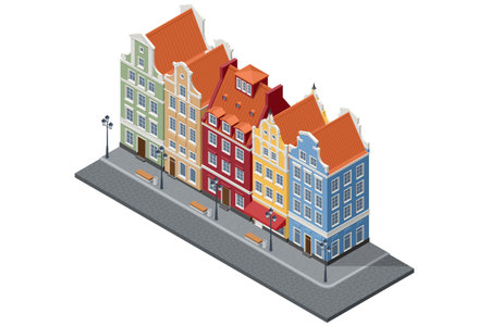 Isometric old European Gdansk street with colorful historic houses, lanterns, benches and pavement in a classic Baltic cityscape.のイラスト素材