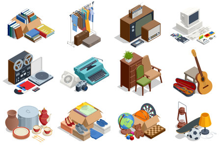 Isometric illustration of assorted vintage household items, electronics, books, clothes, toys and furniture arranged as a garage sale or second-hand market collectionのイラスト素材